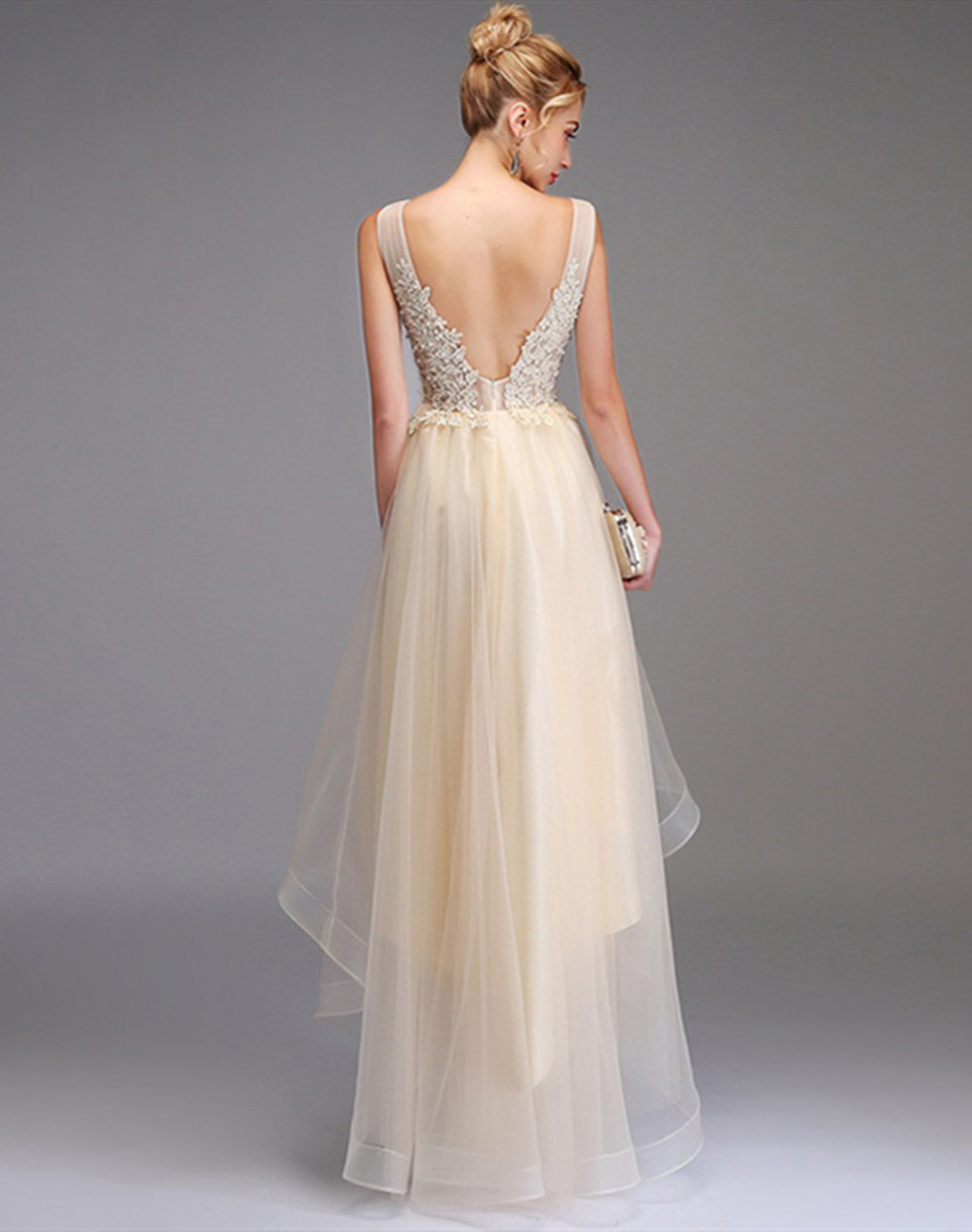 A-line V-neck Sleeveless Hi-Lo Tulle Wedding Guest Dress With Appliques 2