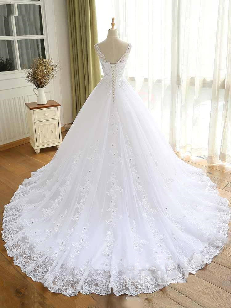 A-line V-neck Sleeveless Sweep / Brush Train Lace Bridal Gown With Appliques 2