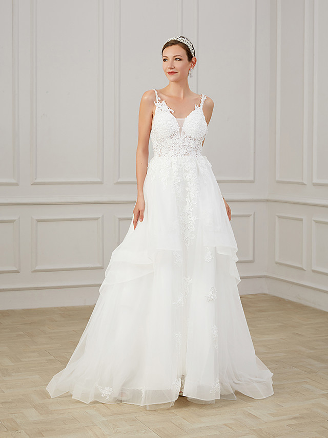 A-line V-neck Sleeveless Sweep / Brush Train Lace Bridal Gown With Lace 6