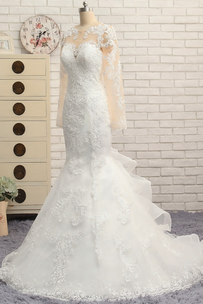 Mermaid Jewel Neck Long Sleeves Court Train Stretch Satin Wedding Gown With Lace 3