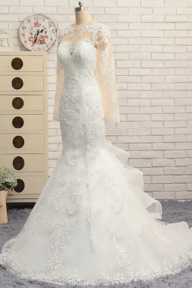 Mermaid Jewel Neck Long Sleeves Court Train Stretch Satin Wedding Gown With Lace 3