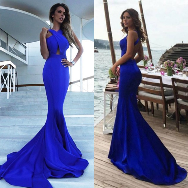 Royal Blue Criss-Cross Evening Dress Long Mermaid -  and  Style 3