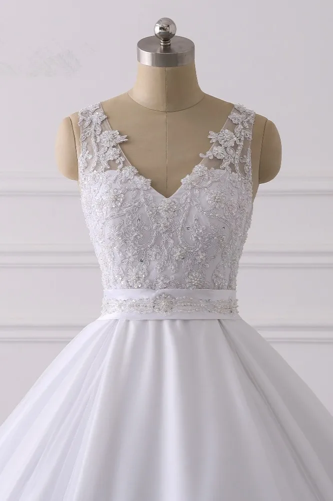A-line V-neck Sleeveless Floor-length Satin Bridal Dress With Appliques 4