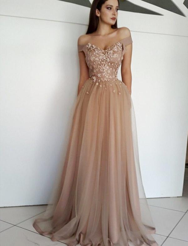 A-line Off-the-shoulder Cap Sleeves Floor-length Tulle Formal Dress With Appliques 2