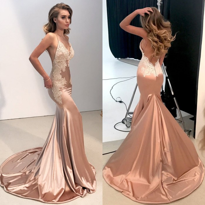 Mermaid V-neck Sleeveless Sweep / Brush Train Party Dress With Lace 2
