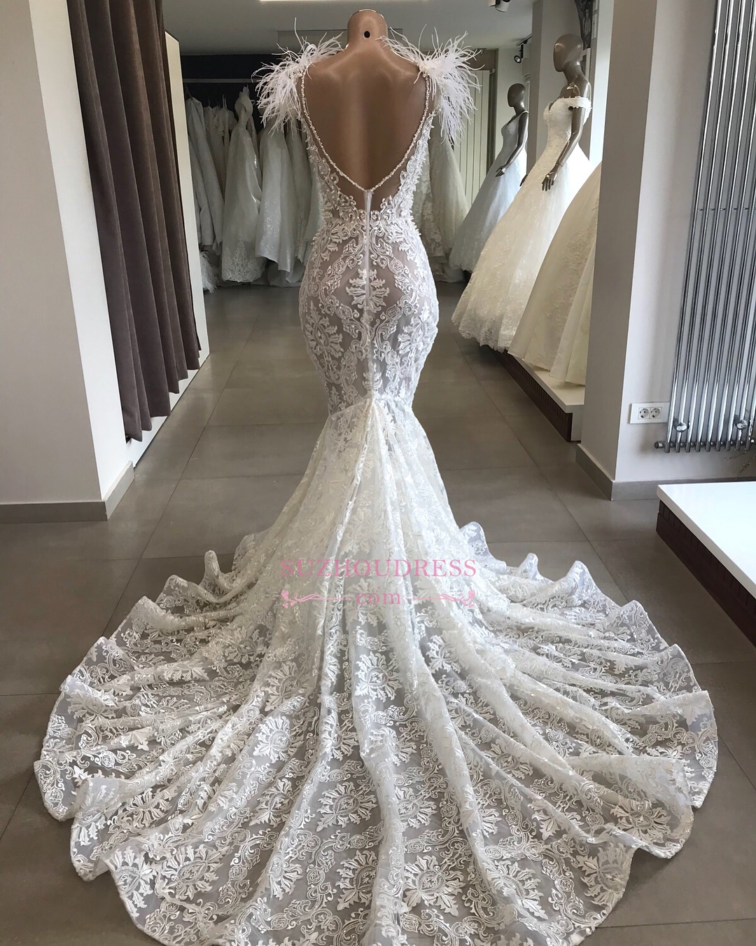 Mermaid Bateau Neck Sleeveless Sweep / Brush Train Bridal Dress With Lace 2