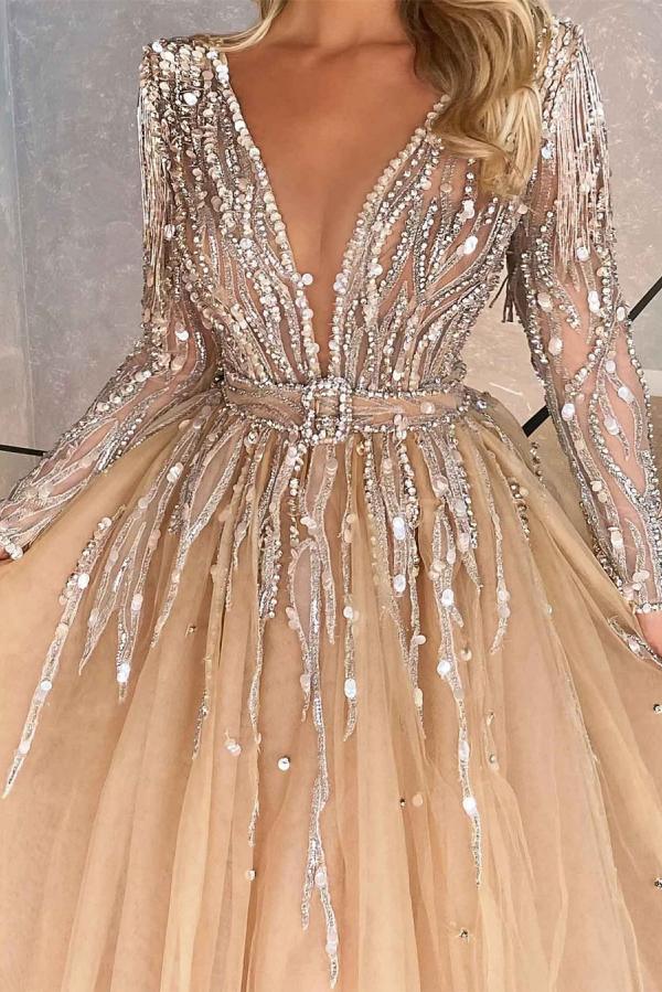 Ball Gown Sweetheart Neck Long Sleeves Floor-length Tulle Evening Dress With Beading 2