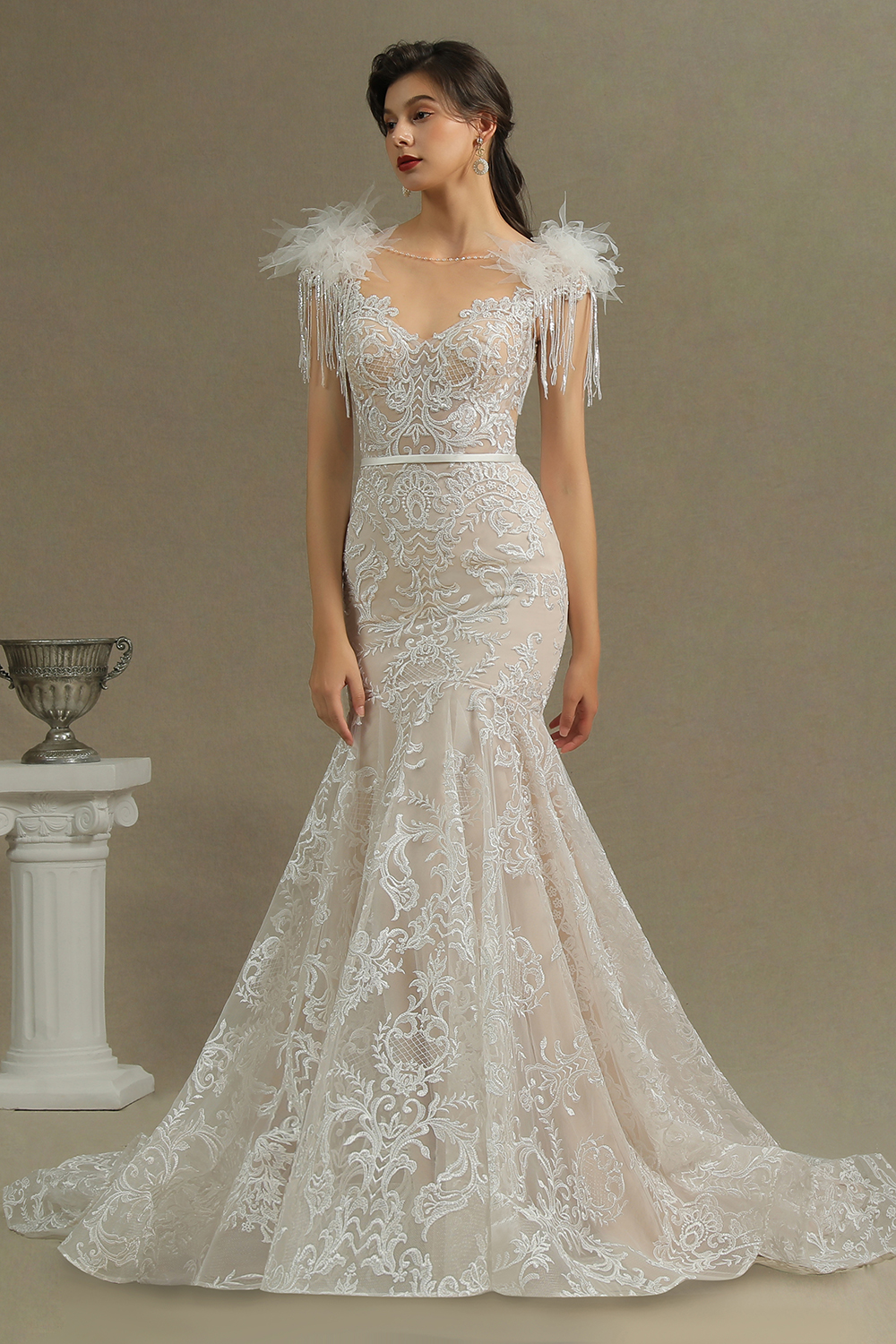 Mermaid Jewel Neck Sleeveless Cathedral Train Lace Wedding Gown With Crystal 3