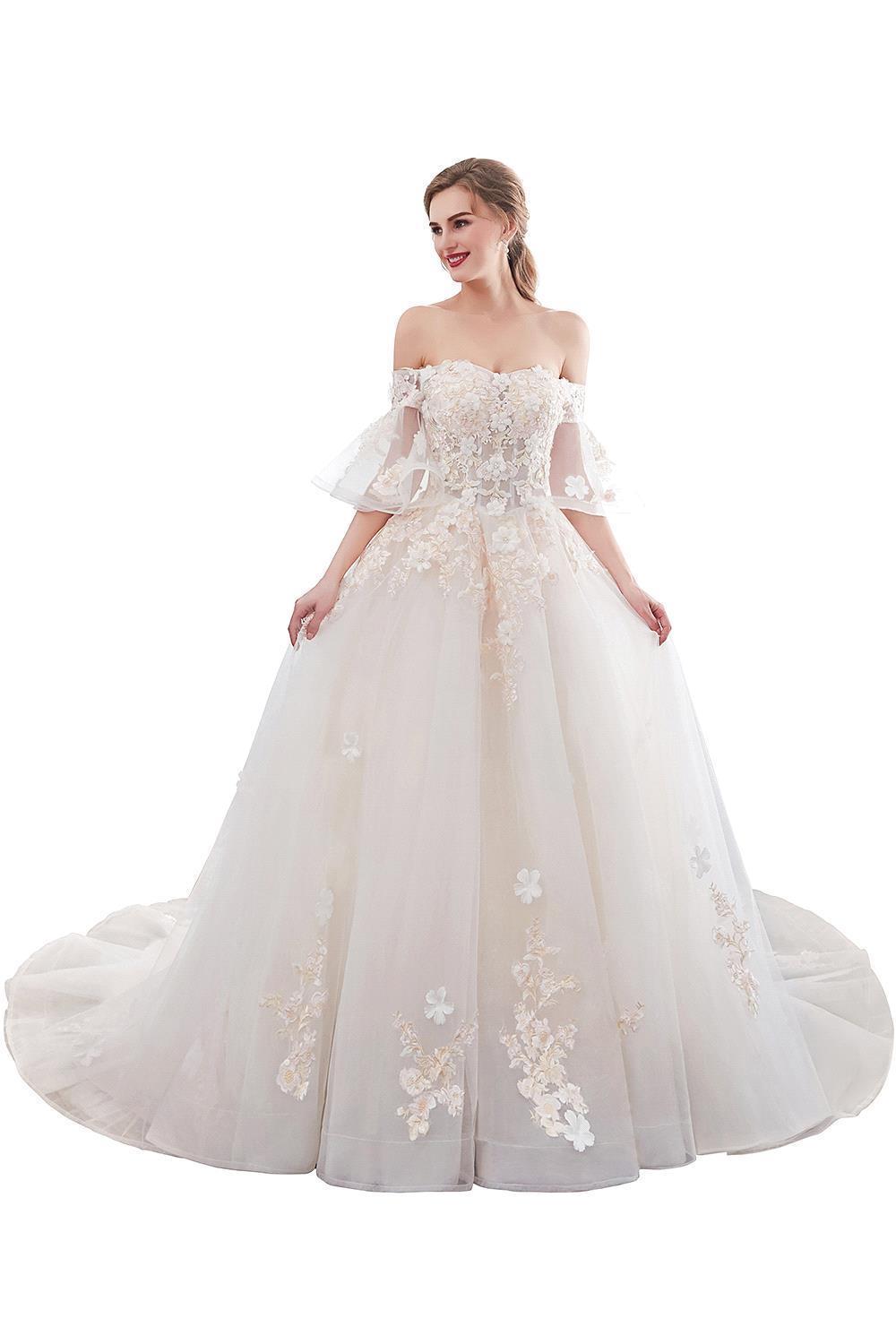 A-line Off-the-shoulder Cap Sleeves Chapel Train Tulle Bridal Attire With Appliques 13