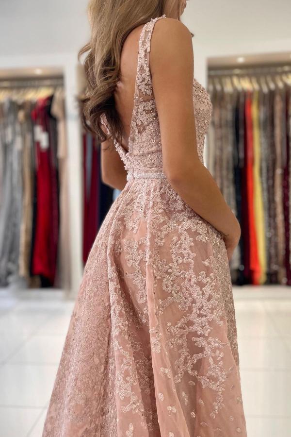 A-line V-neck Sleeveless Floor-length Lace Formal Dress With Ruffles 5