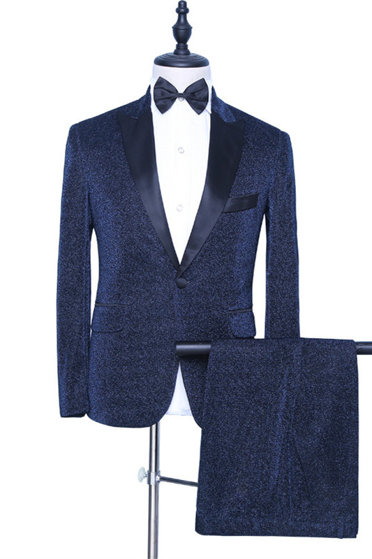 Dark Navy Sparkly Peaked Lapel Prom Suit for Men 1