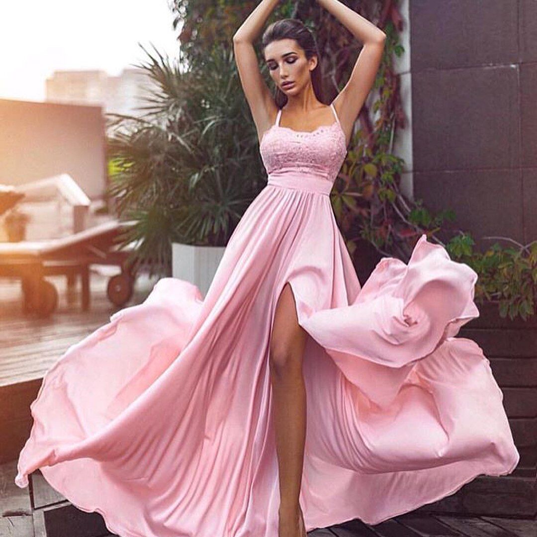A-line Spaghetti Straps Sleeveless Sweep / Brush Train Formal Dress With Lace 2