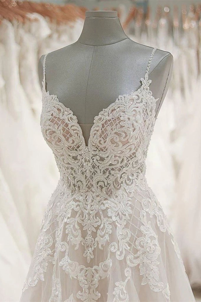 A-line Spaghetti Straps V-neck Sleeveless Floor-length Tulle Bridal Dress With Sequins 4