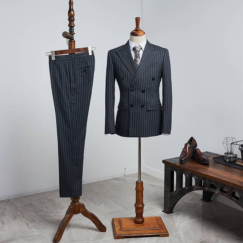 Black Striped Peaked Lapel Double Breasted Business Suit 2