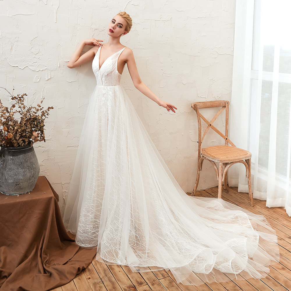 A-line Plunging Neckline Sleeveless Chapel Train Tulle Bridal Gown With Lace 6