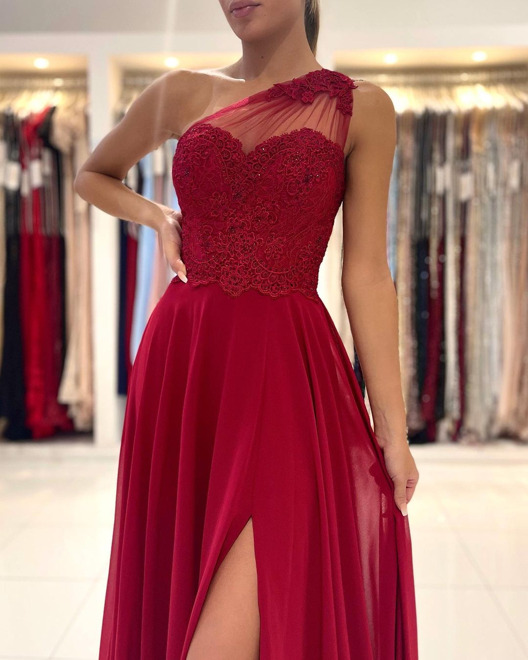 Mermaid One Shoulder Sleeveless Floor-length 100D Chiffon Prom Dress With Lace 3