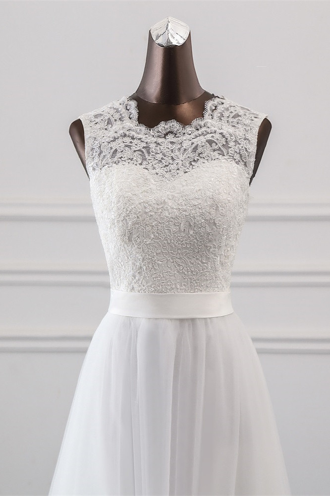 A-line Jewel Neck Sleeveless Floor-length Tulle Wedding Dress With Lace 4