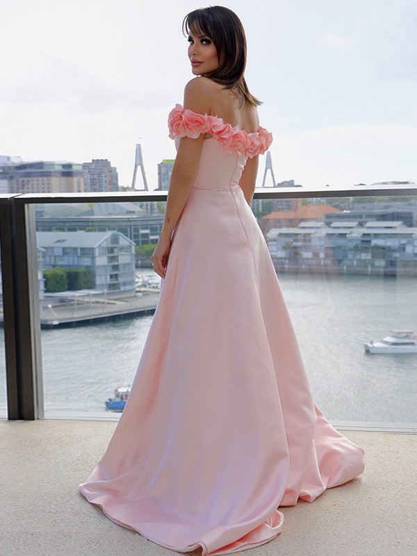 A-line Off-the-shoulder Sleeveless Sweep / Brush Train 100D Chiffon Evening Gown With Beading 3