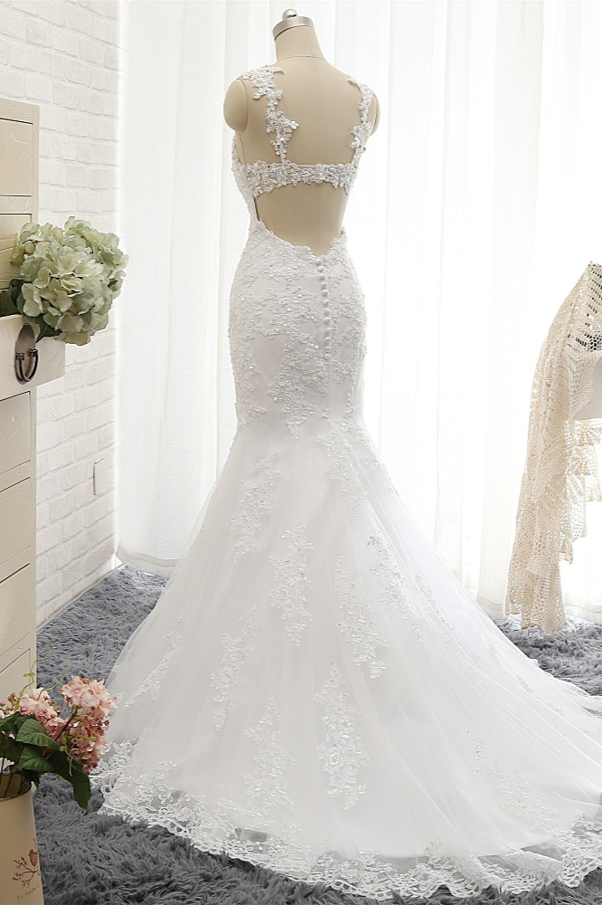 Mermaid Straps Sleeveless Court Train Stretch Satin Bridal Gown With Lace 2