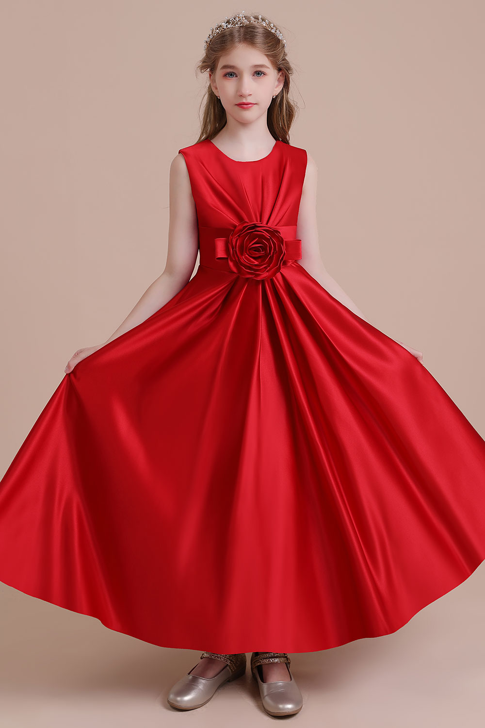 A-line Jewel Neck Sleeveless Ankle-length Satin Flower Girl Dress With Flower(s) 6