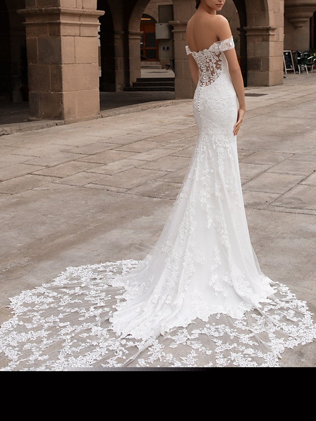 Mermaid Short Sleeves Court Train Tulle Bridal Gown With Lace 2