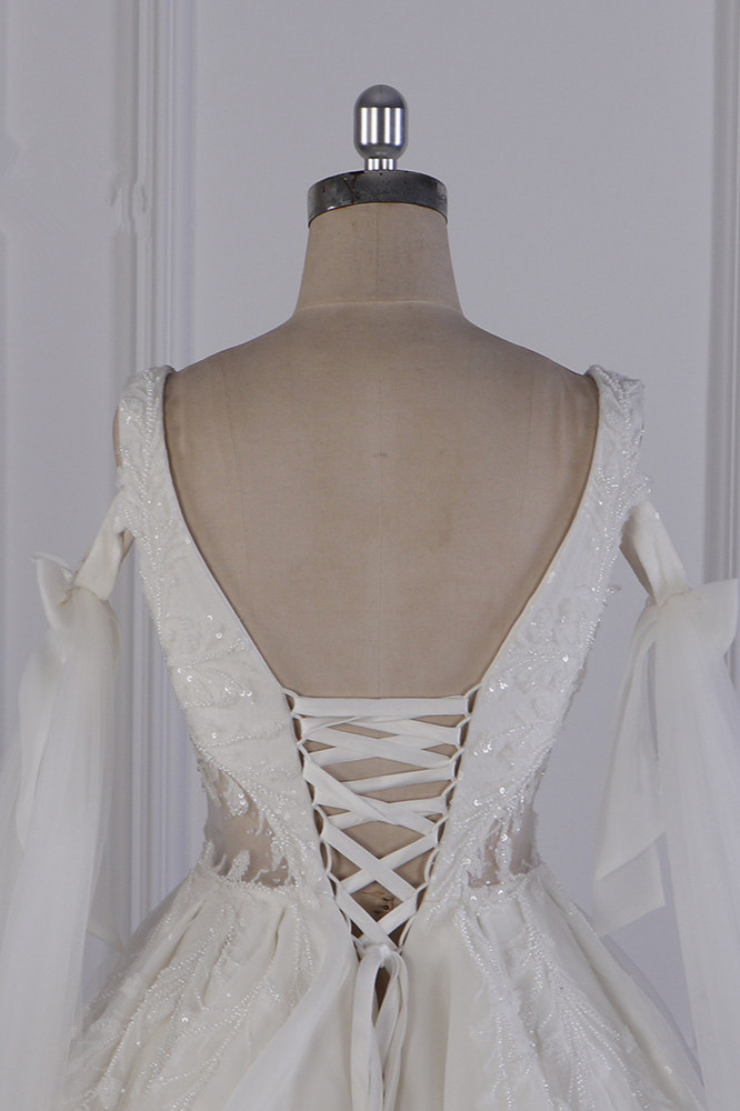 Ball Gown V-neck Sleeveless Floor-length Tulle Wedding Dress With Lace 6