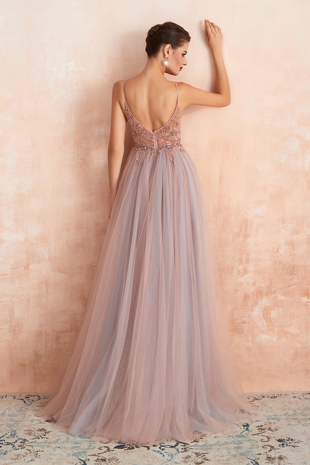A-line V-neck Sleeveless Sweep / Brush Train Tulle Evening Dress With Sequins 18