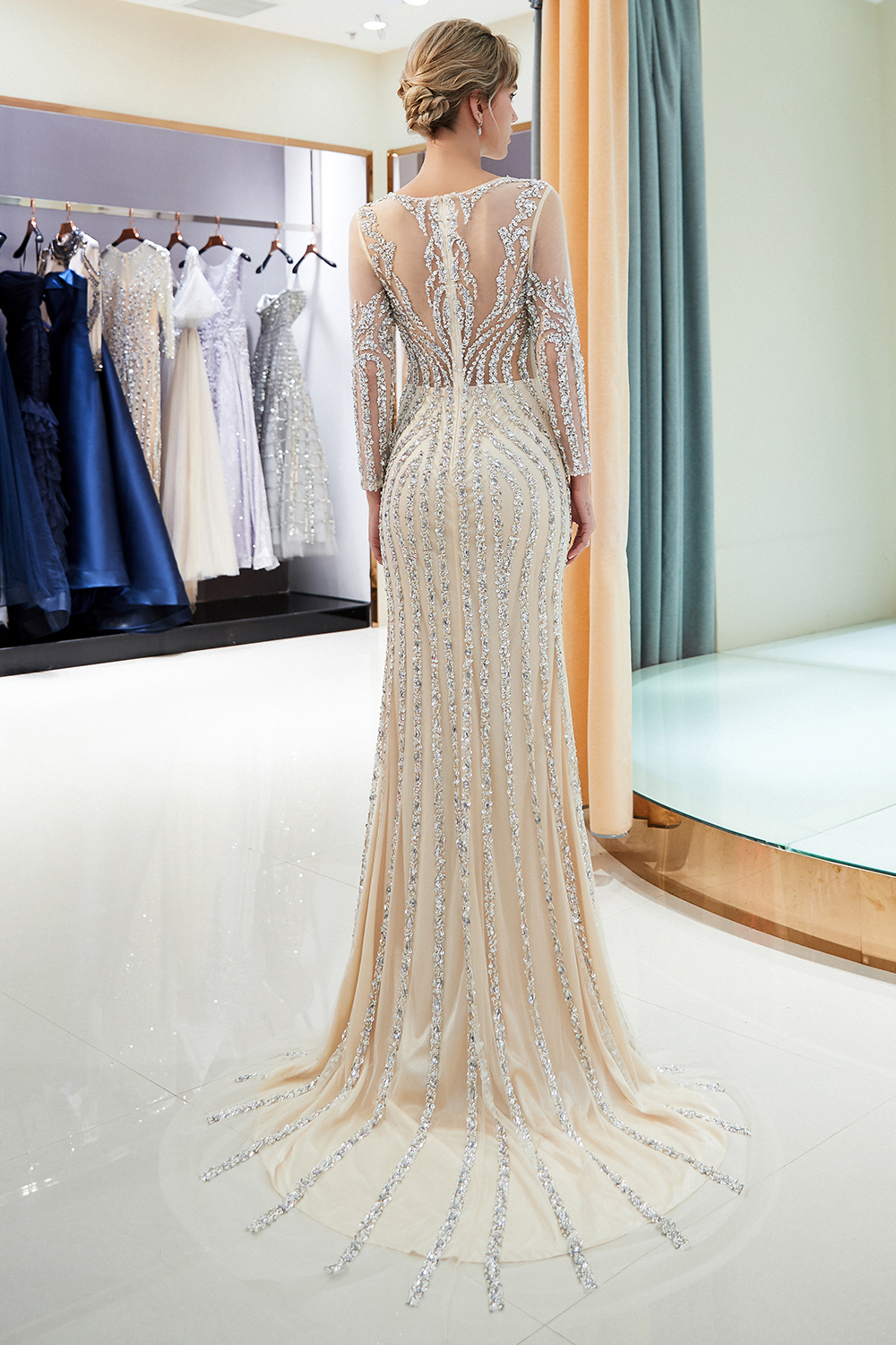 Mermaid Jewel Neck Long Sleeves Court Train Stretch Satin Formal Dress With Sequins 14