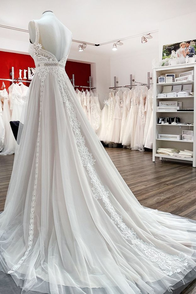 A-line V-neck Sleeveless Sweep / Brush Train Tulle Wedding Gown With Ruffles 4