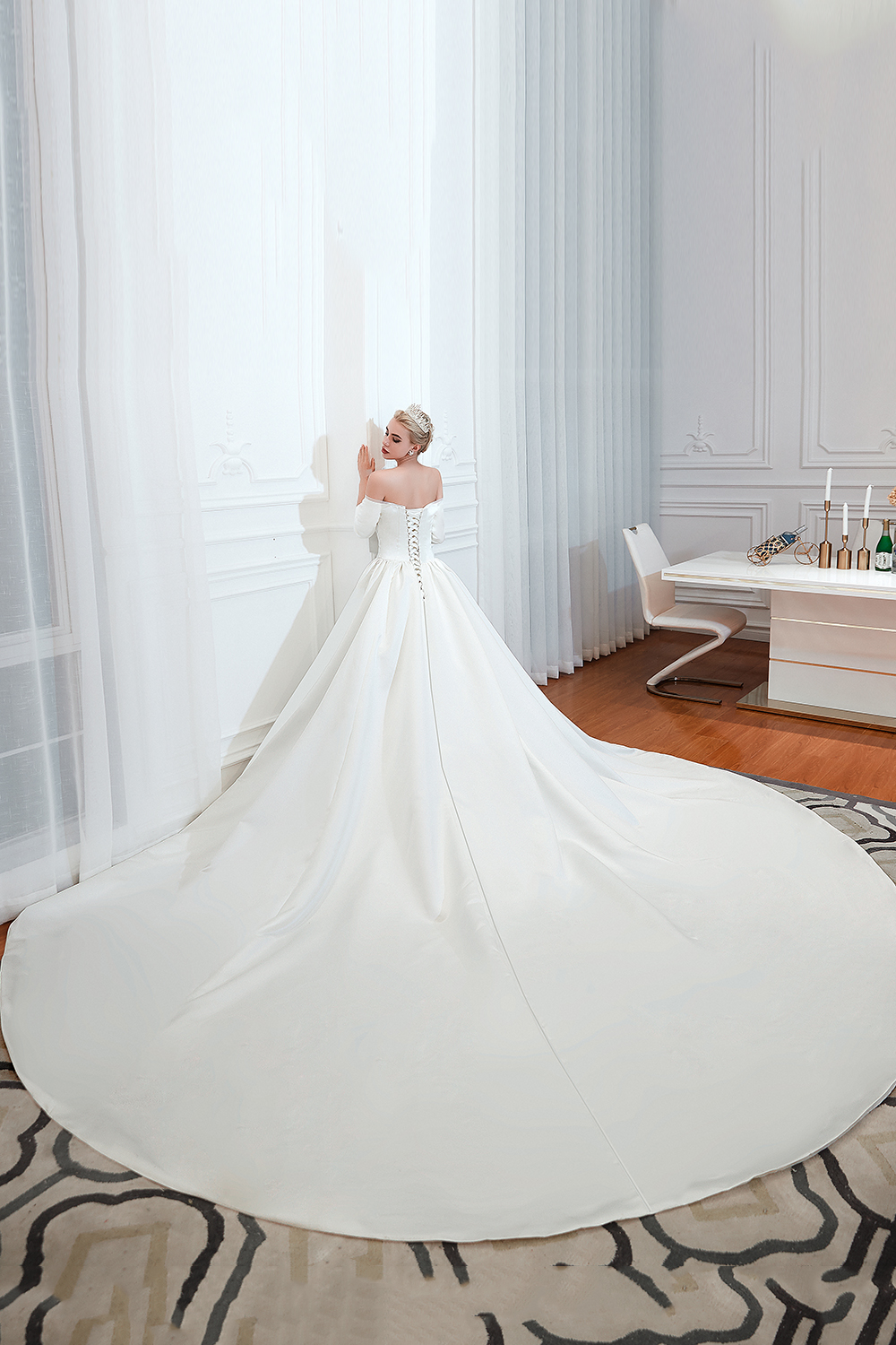 Ball Gown Bateau Neck 3/4-Length Sleeves Floor-length Tulle Wedding Gown With Cathedral Train 10