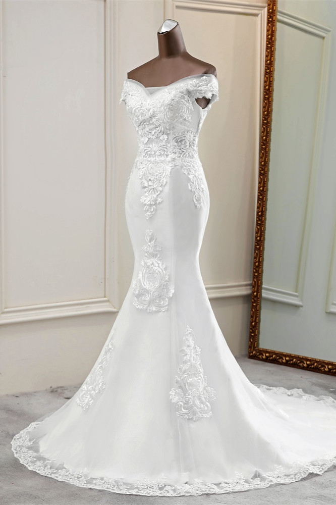 Mermaid Off-the-shoulder Floor-length Lace Bridal Attire With Beading 4
