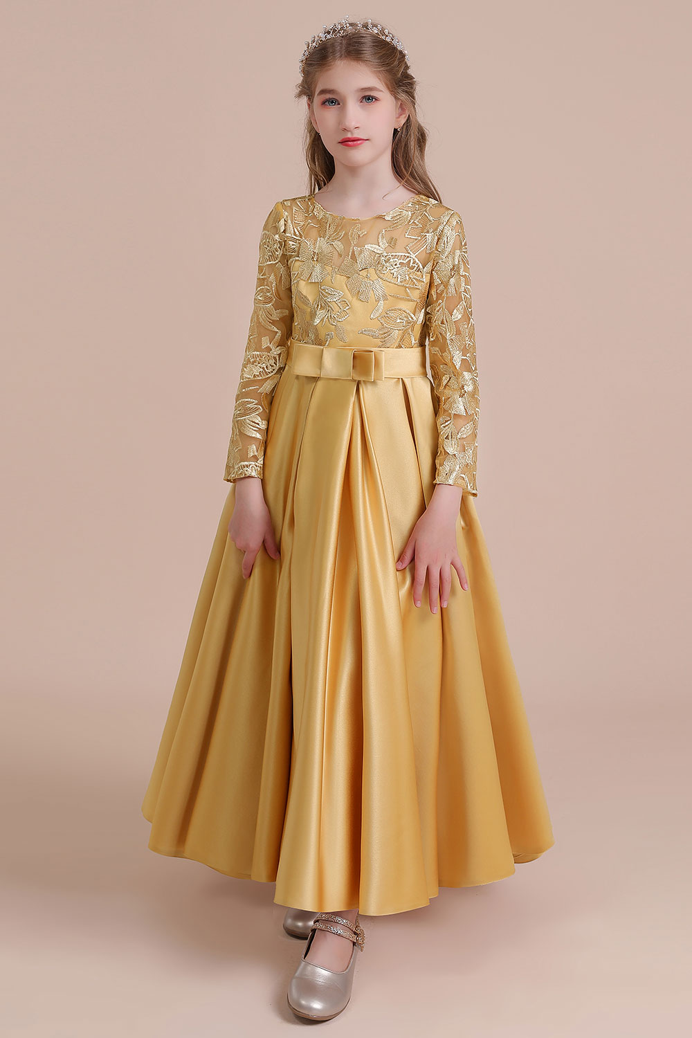 A-line Jewel Neck Long Sleeves Ankle-length Satin Flower Girl Dress With Embroidery 9