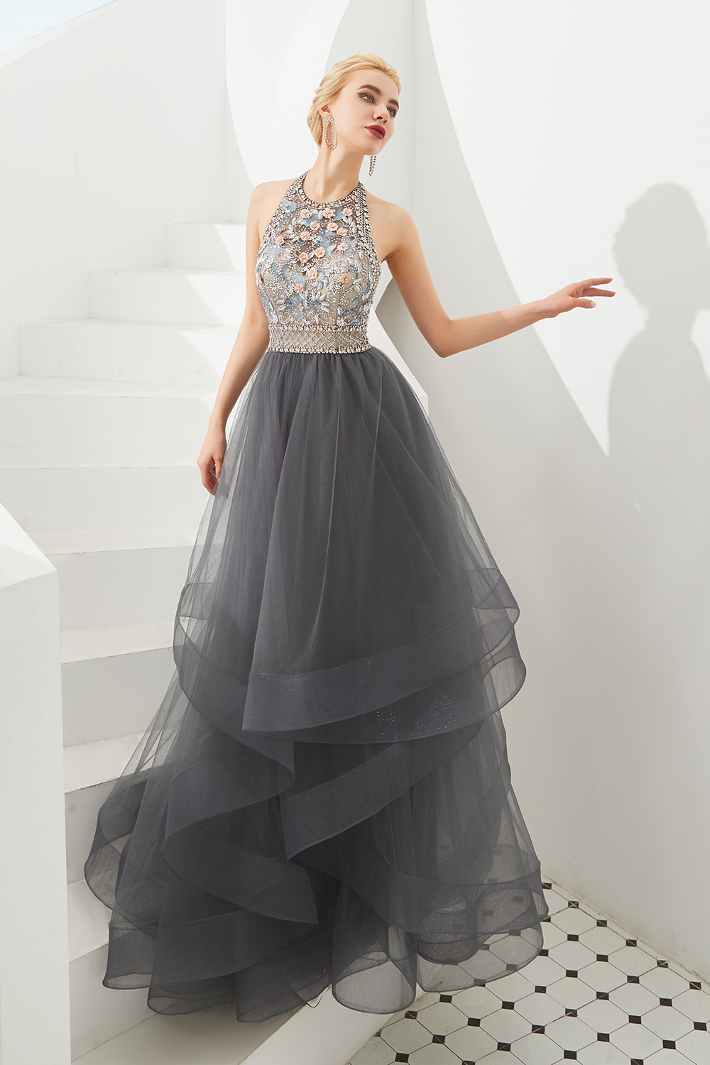 Ball Gown Halter-neck Sleeveless Sweep / Brush Train Tulle Bridal Attire With Crystal 4