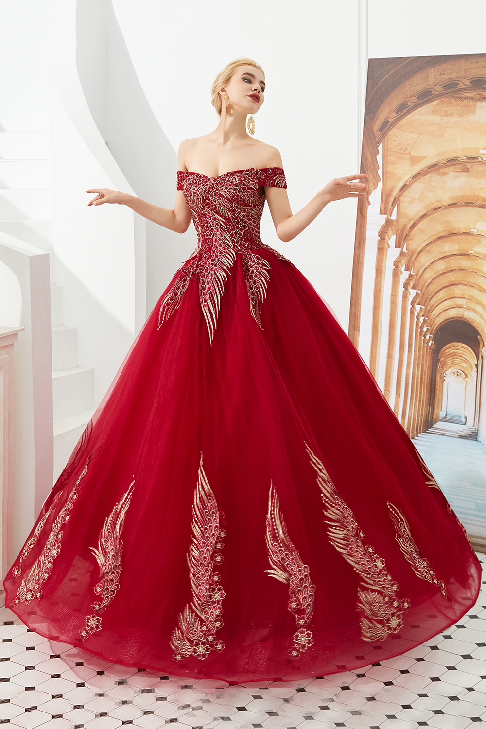 Ball Gown Off-the-shoulder Cap Sleeves Sweep / Brush Train Tulle Formal Dress With Beading 2