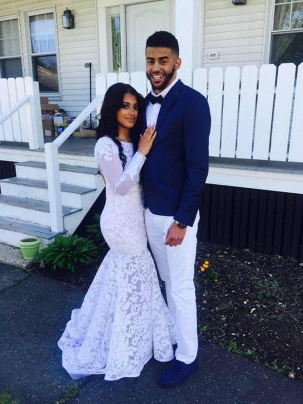 Mermaid Scoop Neck Long Sleeves Floor-length Lace Bridal Dress With Appliques 2