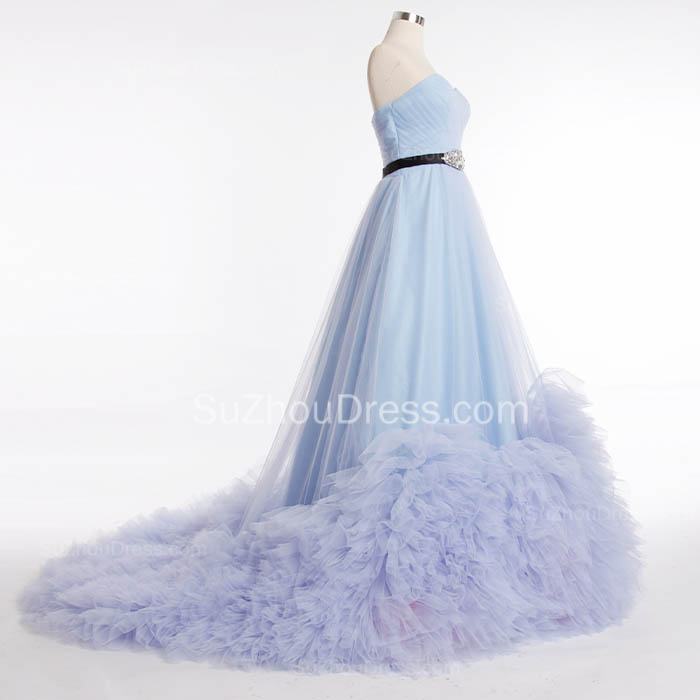 A-line Sweetheart Neck Sleeveless Sweep / Brush Train Organza Wedding Gown With Ruffles 3