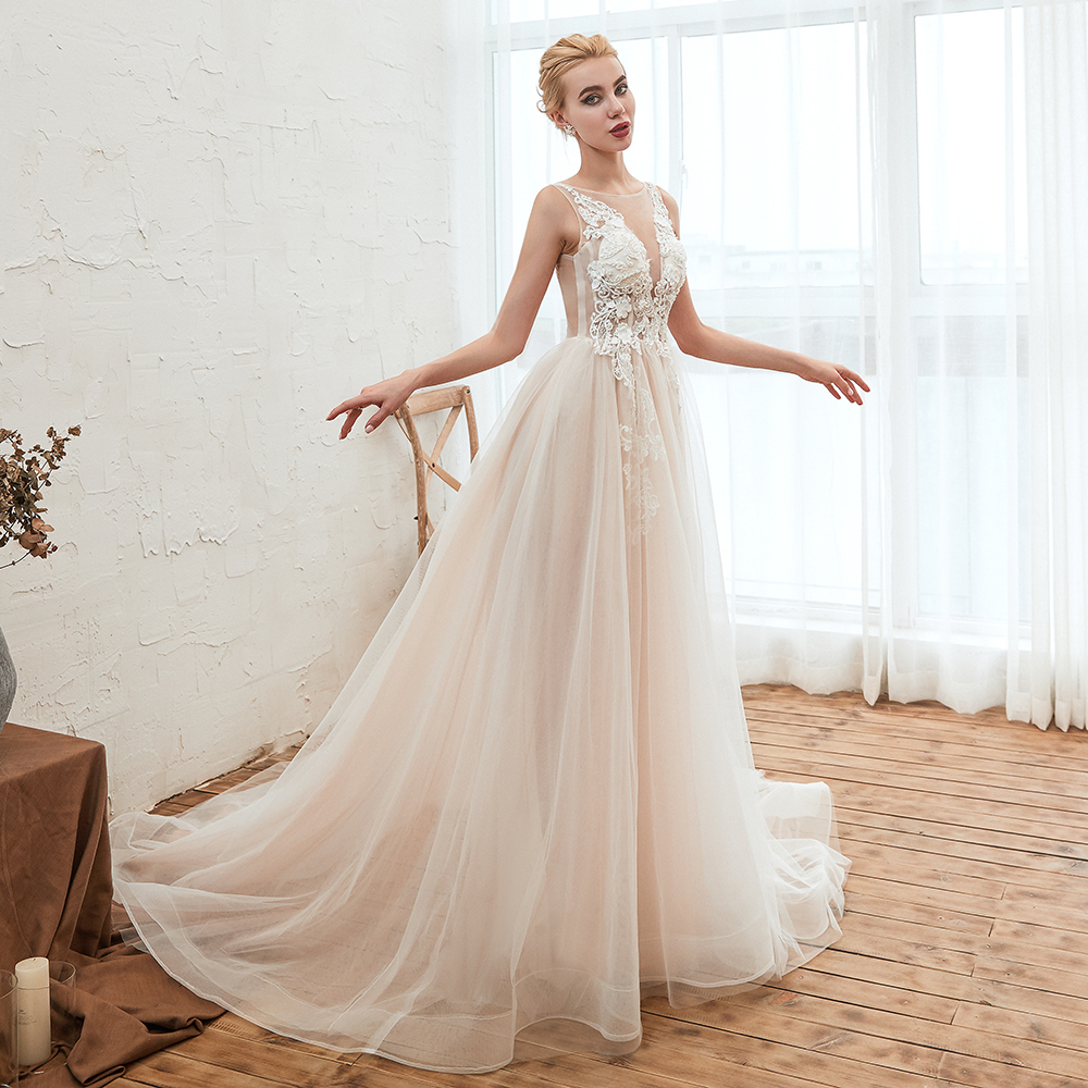Ball Gown Jewel Neck Sleeveless Chapel Train Tulle Wedding Gown With Rhinestone 13