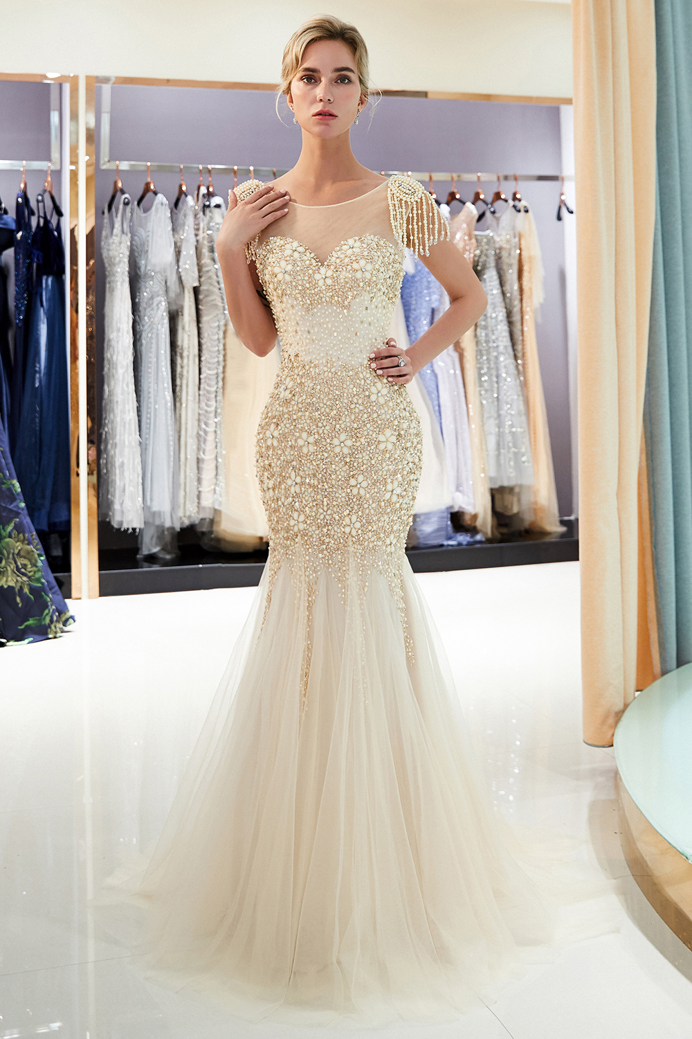 Mermaid Jewel Neck Sleeveless Sweep / Brush Train Tulle Evening Dress With Crystal Floral Pin 12