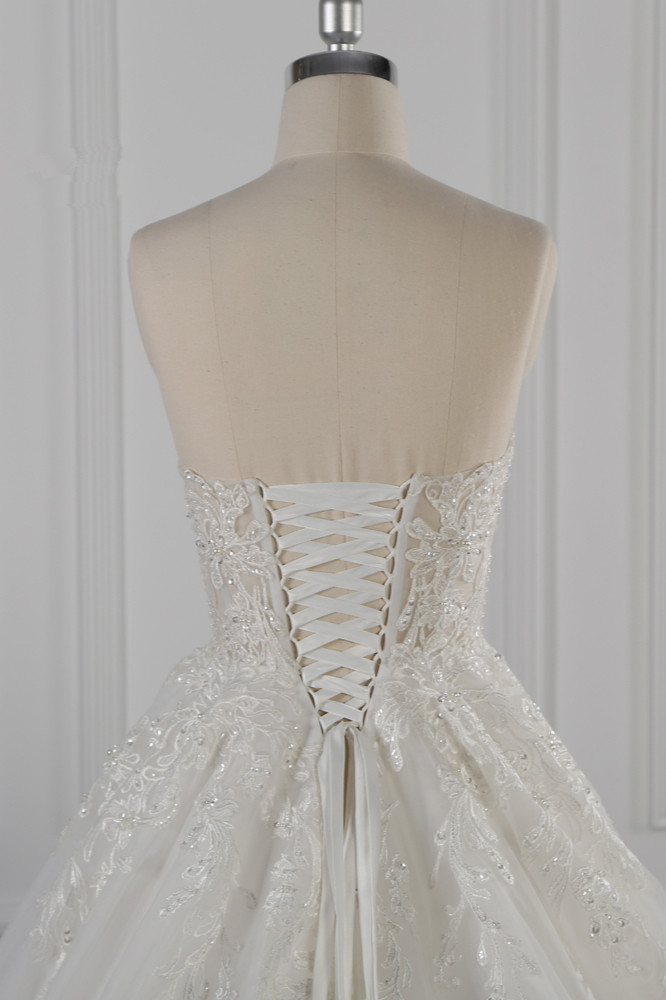 A-line Strapless Sleeveless Floor-length Tulle Bridal Dress With Beading 6