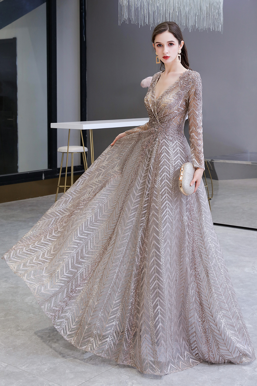 A-line V-neck Long Sleeves Sweep / Brush Train Lace Evening Dress With Pearls 4