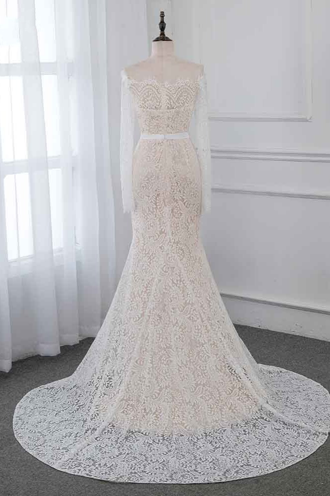 Column Bateau Neck Long Sleeves Floor-length Lace Wedding Dress With Appliques 2