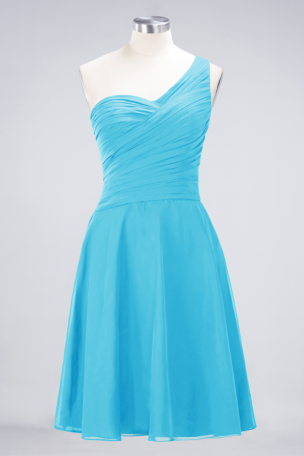 A-line One Shoulder Sweetheart Neck Sleeveless Knee-length 100D Chiffon Bridesmaid Attire With Ruffles 47