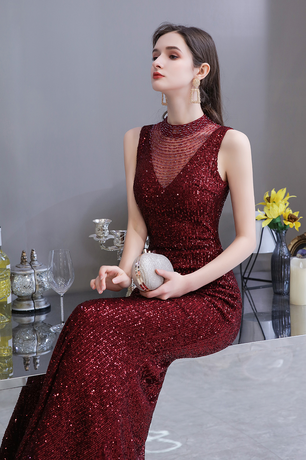 Mermaid Jewel Neck Sleeveless Sweep / Brush Train Tulle Evening Gown With Sequins 7