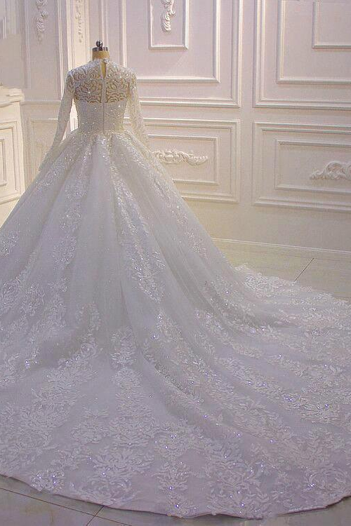 Ball Gown High Neck Long Sleeves Floor-length Tulle Wedding Dress With Beading 5