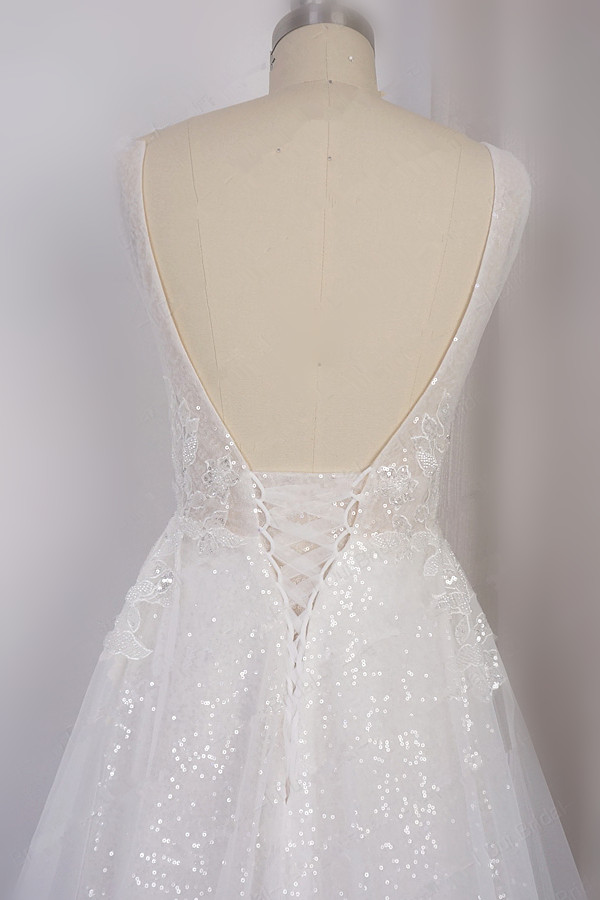 A-line V-neck Sleeveless Floor-length Tulle Wedding Gown With Sequins 4