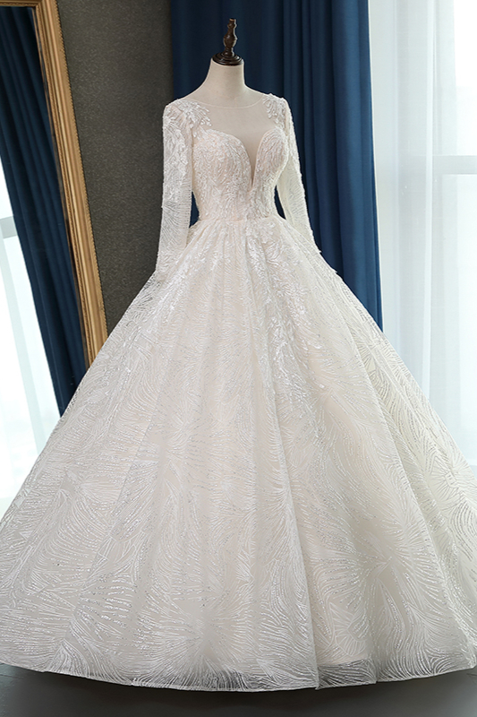 Ball Gown Jewel Neck Long Sleeves Floor-length Tulle Bridal Dress With Appliques 4