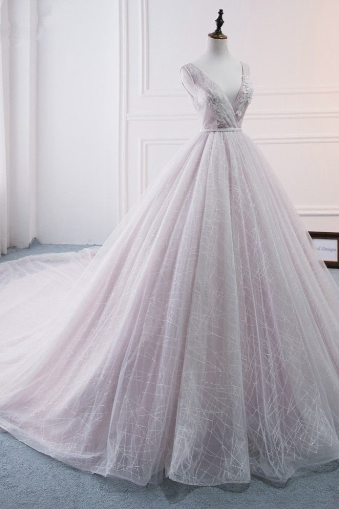 A-line V-neck Sleeveless Floor-length Tulle Bridal Dress With Beading 3