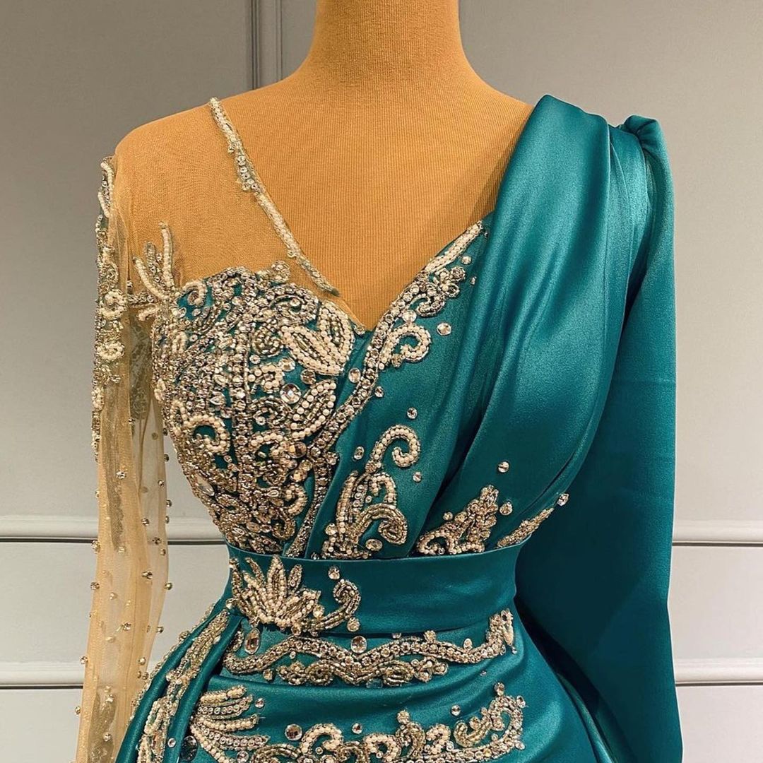 Mermaid V-neck Long Sleeves Floor-length Stretch Satin Evening Gown With Crystal 4