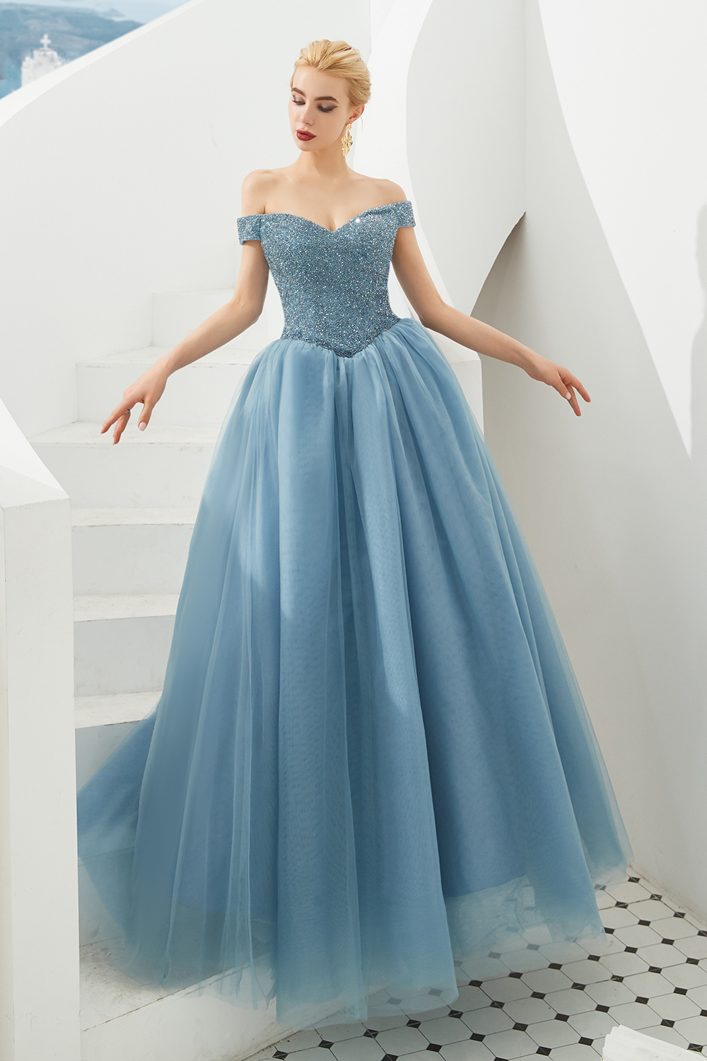 Off-the-shoulder Cap Sleeves Sweep / Brush Train Tulle Formal Dress With Beading 17
