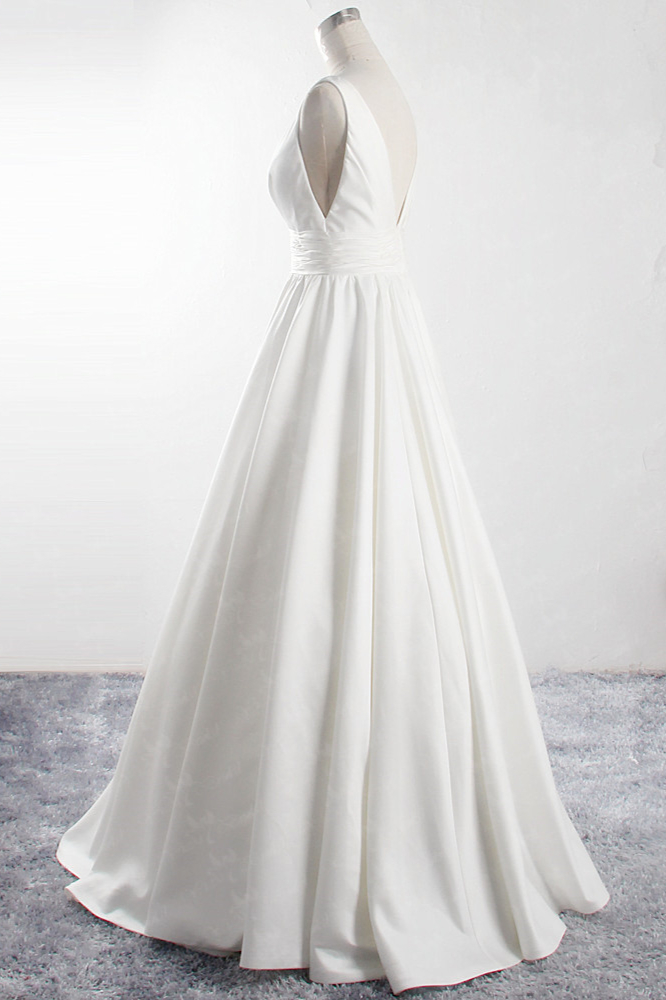 A-line V-neck Sleeveless Floor-length Satin Bridal Attire With Ruffles 2